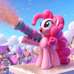 Size: 828x828 | Tagged: safe, artist:pinkiepiepics, derpibooru import, machine learning generated, pinkie pie, earth pony, pony, ai content, cannon, confetti, female, g4, image, jpeg, mare, open mouth, open smile, ponyville, smiling, solo