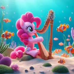 Size: 828x828 | Tagged: safe, artist:pinkiepiepics, derpibooru import, machine learning assisted, machine learning generated, pinkie pie, earth pony, fish, pony, ai content, clownfish, cute, female, g4, harp, image, jpeg, mare, musical instrument, ocean, open mouth, open smile, playing instrument, sand, smiling, underwater, water