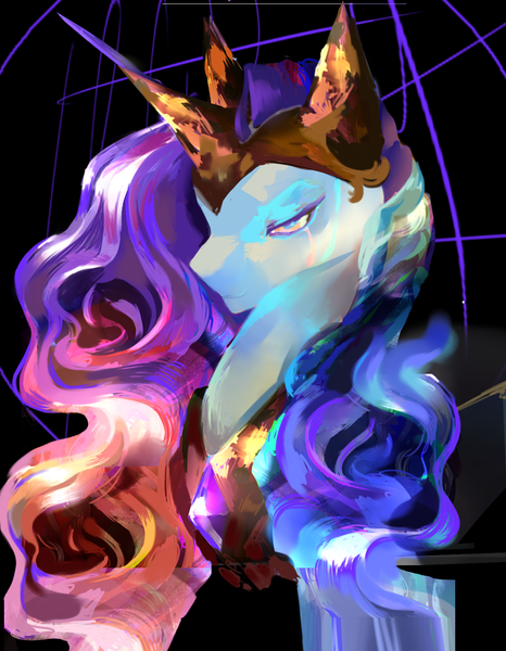 Size: 1216x1565 | Tagged: safe, artist:seasolttiy, derpibooru import, princess celestia, alicorn, pony, armor, black background, bust, chest fluff, crown, crying, digital art, ear fluff, ethereal mane, female, flowing mane, g4, gem, golden armor, horn, image, jewelry, lidded eyes, mare, multicolored mane, peytral, pink eyes, png, portrait, regalia, sad, simple background, smiling, solo, starry mane, teary eyes