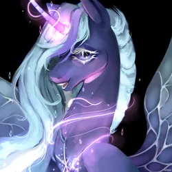 Size: 2288x2288 | Tagged: safe, artist:oddos, derpibooru import, princess luna, alicorn, pony, aura, black background, blue eyes, blue mane, chest fluff, commission, curved horn, cute, digital art, ethereal mane, eyelashes, eyeshadow, female, g4, glow, glowing horn, happy, high res, horn, image, looking at you, magic, makeup, mare, open mouth, open smile, peytral, png, simple background, smiling, smiling at you, solo, sparkles, spread wings, stars, teeth, wings