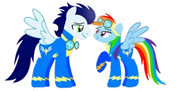 Size: 1532x789 | Tagged: safe, artist:mlplary6, derpibooru import, rainbow dash, soarin', pegasus, pony, boyfriend and girlfriend, clothes, female, image, looking at each other, looking at someone, male, mare, png, shipping, simple background, smiling, smiling at each other, soarindash, stallion, straight, transparent background, uniform, vector, wonderbolts uniform