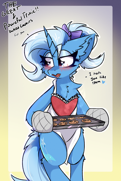 Size: 2000x3000 | Tagged: safe, artist:jubyskylines, derpibooru import, trixie, pony, semi-anthro, unicorn, apron, baking, bipedal, blush lines, blushing, bow, clothes, cookie, cute, dialogue, diatrixes, food, hair bow, image, open mouth, oven mitts, png, ponytail, solo, tray