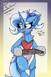 Size: 2000x3000 | Tagged: safe, artist:jubyskylines, derpibooru import, trixie, pony, semi-anthro, unicorn, apron, baking, bipedal, blush lines, blushing, bow, clothes, cookie, cute, dialogue, diatrixes, food, hair bow, image, open mouth, oven mitts, png, ponytail, solo, tray