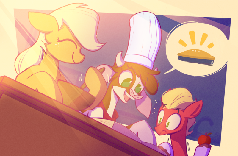 Size: 2200x1440 | Tagged: safe, artist:scribble-potato, derpibooru import, applejack, sprout cloverleaf, cow, earth pony, pony, them's fightin' herds, g5, apple, arizona (tfh), baking, book, bowl, chef's hat, community related, cookbook, eyes closed, female, food, hat, hatless, image, male, mare, missing accessory, mixing bowl, png, ponytober, smiling, stallion