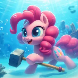 Size: 1024x1024 | Tagged: safe, derpibooru import, pinkie pie, earth pony, pony, ai content, blue eyes, bubble, coral, crepuscular rays, g4, hammer, happy, image, jpeg, ocean, open mouth, open smile, pink mane, pink tail, prompter:pinkiepiepics, seaweed, smiling, solo, sunlight, swimming, tail, teeth, underwater, water