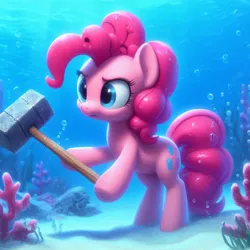 Size: 1024x1024 | Tagged: safe, derpibooru import, pinkie pie, earth pony, pony, ai content, blue eyes, bubble, coral, crepuscular rays, determined, g4, hammer, holding, image, jpeg, ocean, pink mane, pink tail, prompter:pinkiepiepics, seaweed, smiling, solo, sunlight, swimming, tail, teeth, underwater, water
