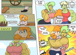 Size: 3153x2277 | Tagged: safe, artist:matchstickman, derpibooru import, goldie delicious, granny smith, pear butter, anthro, earth pony, plantigrade anthro, pony, comic:the other side, abs, bear hug, biceps, boots, breasts, busty goldie delicious, busty granny smith, busty pear butter, cart, clothes, comic, deltoids, dialogue, emanata, female, gloves, granny smash, hug, image, mare, matchstickman's pear buffer series, muscles, muscular female, pear buffer, png, shoes, speech bubble, this ended in pain, thought bubble, trio, young goldie delicious, young granny smith, younger