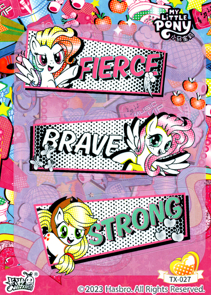 Size: 3818x5354 | Tagged: safe, derpibooru import, official, applejack, fluttershy, rainbow dash, earth pony, pegasus, pony, female, halftone, image, kayou, logo, mare, png, scan, sticker sheet, text