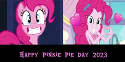 Size: 2000x1000 | Tagged: safe, artist:mlpfan3991, derpibooru import, edit, edited screencap, screencap, pinkie pie, earth pony, human, pony, equestria girls, equestria girls series, 2023, female, grin, heart, heart hands, image, pinkie pie day, png, smiling