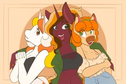 Size: 2048x1365 | Tagged: safe, artist:mscolorsplash, derpibooru import, oc, oc:candy corn, oc:fall paint, oc:pumpkin spice, unofficial characters only, anthro, pony, arm around neck, bare shoulders, belly button, boob freckles, breasts, busty oc, chest freckles, cleavage, dark muzzle, eye clipping through hair, eyebrows, eyebrows visible through hair, facial markings, female, freckles, hands together, image, looking at each other, looking at someone, mare, open mouth, open smile, png, shoulder freckles, smiling, smiling at each other, trio