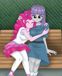 Size: 2975x3651 | Tagged: safe, artist:lennondash, derpibooru import, maud pie, pinkie pie, human, equestria girls, equestria girls series, bench, breasts, busty maud pie, busty pinkie pie, clothes, cute, diapinkes, duo, duo female, eyes closed, female, fence, hair, hairband, happy, high res, hug, image, maudabetes, pie sisters, png, rah rah skirt, sibling love, siblings, sisterly love, sisters, sitting, skirt, smiling, tanktop, teenager