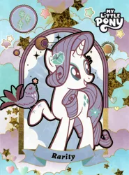 Size: 3800x5135 | Tagged: safe, derpibooru import, official, rarity, bird, pony, unicorn, absurd file size, banner, cutie mark, female, flower, flower in hair, image, kayou, logo, mare, png, raised hoof, scan, solo, stars, text, trading card