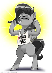 Size: 2480x3508 | Tagged: safe, artist:ostarbito, derpibooru import, oc, pegasus, black hair, black tail, eye contact, flexing, gray coat, image, jpeg, looking at each other, looking at someone, one eye closed, pegasus oc, pun, simple background, standing, standing on two hooves, tail, white background, white shirt, wings, wink
