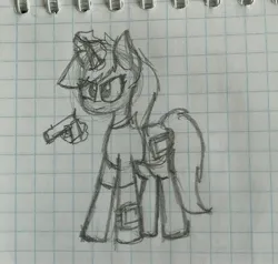 Size: 2976x2837 | Tagged: safe, artist:kruvvv, derpibooru import, oc, oc:littlepip, unofficial characters only, pony, unicorn, fallout equestria, angry face, concerned, female, glow, glowing horn, graph paper, grumpy, gun, horn, image, jpeg, levitation, looking at something, magic, magic aura, mare, pipbuck, simple background, sketch, solo, telekinesis, traditional art, unicorn oc, weapon, white background