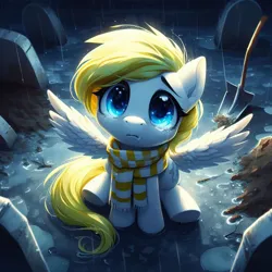 Size: 1024x1024 | Tagged: safe, machine learning generated, ponerpics import, oc, oc:sweet cream, pegasus, pony, blue eyes, clothes, crying, cute, depressing, dirt, female, filly, generator:bing image creator, graveyard, image, looking at you, looking up, looking up at you, png, prompter:breezysea, rain, sad, scarf, shovel, sitting, spread wings, teary eyes, tilted head, wet, wings, yellow mane, yellow scarf, yellow tail