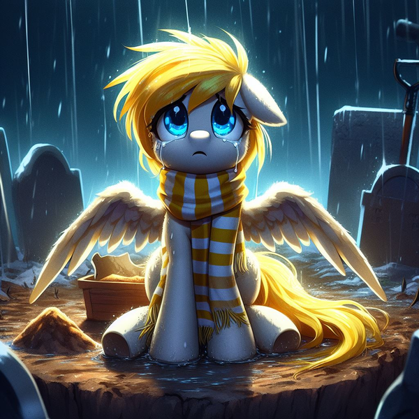 Size: 1024x1024 | Tagged: safe, machine learning generated, ponerpics import, oc, oc:sweet cream, pegasus, pony, blue eyes, clothes, crying, cute, depressing, dirt, female, filly, generator:bing image creator, graveyard, image, looking at you, looking up, looking up at you, pegasus oc, png, prompter:breezysea, rain, sad, scarf, shovel, sitting, solo, spread wings, teary eyes, tilted head, wet, wings, yellow mane, yellow scarf, yellow tail