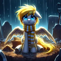 Size: 1024x1024 | Tagged: safe, machine learning generated, ponerpics import, oc, oc:sweet cream, pegasus, pony, blue eyes, clothes, crying, cute, depressing, dirt, female, filly, generator:bing image creator, graveyard, image, looking at you, looking up, looking up at you, pegasus oc, png, prompter:breezysea, rain, sad, scarf, shovel, sitting, solo, spread wings, teary eyes, tilted head, wet, wings, yellow mane, yellow scarf, yellow tail