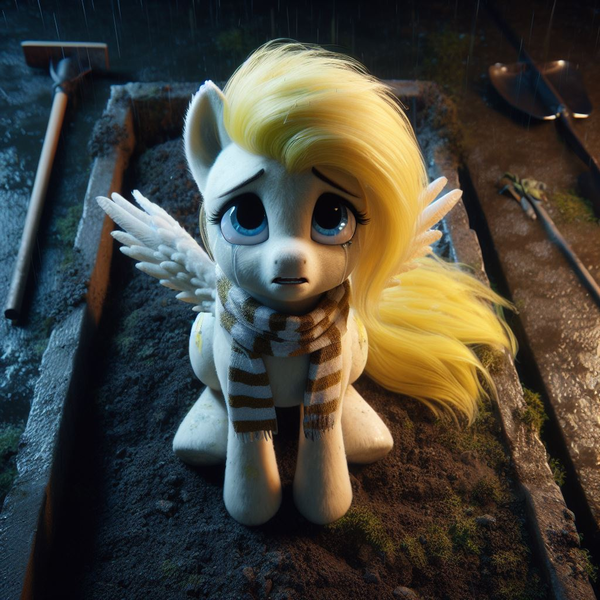 Size: 1024x1024 | Tagged: safe, machine learning generated, ponerpics import, oc, oc:sweet cream, pegasus, pony, blue eyes, clothes, crying, cute, depressing, dirt, female, filly, generator:bing image creator, graveyard, image, looking at you, looking up, looking up at you, pegasus oc, png, prompter:breezysea, rain, sad, scarf, shovel, sitting, solo, spread wings, teary eyes, tilted head, wet, wings, yellow mane, yellow scarf, yellow tail