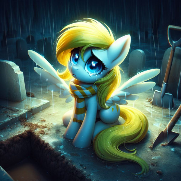 Size: 1024x1024 | Tagged: safe, machine learning generated, ponerpics import, oc, oc:sweet cream, pegasus, pony, blue eyes, clothes, crying, cute, depressing, dirt, female, filly, generator:bing image creator, grave, graveyard, image, looking at you, looking up, looking up at you, pegasus oc, png, prompter:breezysea, rain, sad, scarf, shovel, sitting, solo, spread wings, teary eyes, tilted head, wet, wings, yellow mane, yellow scarf, yellow tail