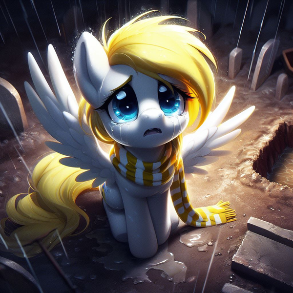 Size: 1024x1024 | Tagged: safe, machine learning generated, ponerpics import, oc, oc:sweet cream, pegasus, pony, blue eyes, clothes, crying, cute, depressing, dirt, female, filly, generator:bing image creator, grave, graveyard, image, looking at you, looking up, looking up at you, pegasus oc, png, prompter:breezysea, rain, sad, scarf, shovel, sitting, solo, spread wings, teary eyes, tilted head, wet, wings, yellow mane, yellow scarf, yellow tail