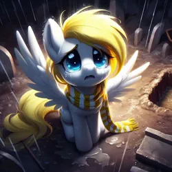 Size: 1024x1024 | Tagged: safe, machine learning generated, ponerpics import, oc, oc:sweet cream, pegasus, pony, blue eyes, clothes, crying, cute, depressing, dirt, female, filly, generator:bing image creator, grave, graveyard, image, looking at you, looking up, looking up at you, pegasus oc, png, prompter:breezysea, rain, sad, scarf, shovel, sitting, solo, spread wings, teary eyes, tilted head, wet, wings, yellow mane, yellow scarf, yellow tail