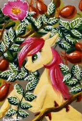 Size: 1657x2437 | Tagged: safe, artist:cahandariella, derpibooru import, roseluck, earth pony, pony, cute, female, flower, fruit, image, jpeg, leaves, mare, painting, rose, solo, traditional art