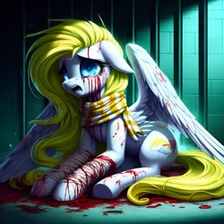 Size: 1024x1024 | Tagged: grimdark, machine learning generated, ponerpics import, oc, oc:sweet cream, pegasus, abuse, abused, bandage, bandaged hoof, blood, blood everywhere, blood pool, blood stains, bloody, bloody eyes, bloody hooves, bloody mouth, bloody wings, blue eyes, clothes, covered in blood, crying, generator:bing image creator, horror, image, open mouth, pegasus oc, png, prisoner, prompter:breezysea, scared, scarf, solo, striped scarf, teary eyes, wings, yellow mane, yellow scarf, yellow tail