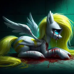 Size: 1024x1024 | Tagged: grimdark, machine learning generated, ponerpics import, oc, oc:sweet cream, pegasus, abuse, abused, bandage, bandaged wing, blood, blood everywhere, blood pool, blood stains, bloody, bloody eyes, bloody hooves, bloody mouth, bloody wings, blue eyes, covered in blood, cowering, crying, generator:bing image creator, horror, image, long hair, lying down, pegasus oc, png, prompter:breezysea, scared, solo, teary eyes, wings, yellow mane, yellow tail