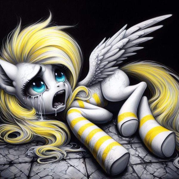 Size: 1024x1024 | Tagged: semi-grimdark, machine learning generated, ponerpics import, oc, oc:sweet cream, pegasus, abuse, bloody mouth, blue eyes, cowering, crying, generator:bing image creator, horror, image, lying down, open mouth, pegasus oc, png, prompter:breezysea, scared, screaming, side, solo, teary eyes, tiled floor, wings, yellow mane, yellow tail