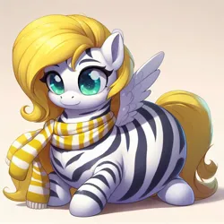 Size: 1024x1024 | Tagged: safe, machine learning generated, ponerpics import, oc, oc:sweet cream, pegasus, clothes, generator:bing image creator, image, jpeg, meme, pegasus oc, pregnant, prompter:breezysea, round, scarf, simple background, solo, striped, striped scarf, wings, yellow mane, yellow scarf, yellow tail, zebra stripes, zebradom