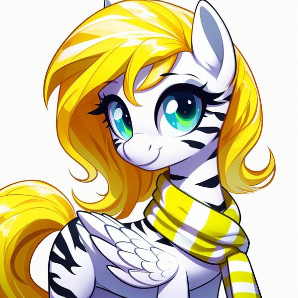 Size: 1024x1024 | Tagged: safe, machine learning generated, ponerpics import, oc, oc:sweet cream, pegasus, clothes, generator:bing image creator, image, jpeg, pegasus oc, prompter:breezysea, scarf, simple background, solo, striped, striped scarf, wings, yellow mane, yellow scarf, yellow tail, zebra stripes, zebradom