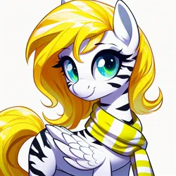 Size: 1024x1024 | Tagged: safe, machine learning generated, ponerpics import, oc, oc:sweet cream, pegasus, clothes, generator:bing image creator, image, jpeg, pegasus oc, prompter:breezysea, scarf, simple background, solo, striped, striped scarf, wings, yellow mane, yellow scarf, yellow tail, zebra stripes, zebradom