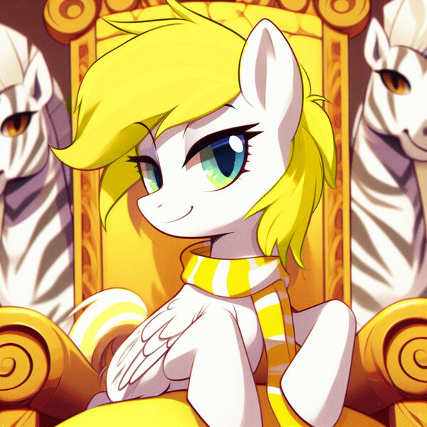 Size: 1024x1024 | Tagged: safe, machine learning generated, ponerpics import, oc, oc:sweet cream, pegasus, zebra, clothes, generator:bing image creator, image, jpeg, pegasus oc, prompter:breezysea, scarf, simple background, solo focus, striped scarf, throne, wings, yellow mane, yellow scarf, yellow tail, zebradom, zebras