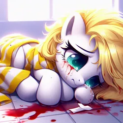 Size: 1024x1024 | Tagged: semi-grimdark, machine learning generated, ponerpics import, oc, oc:sweet cream, pegasus, abuse, abused, beaten up, blanket, blood on hoof, blood pool, bloody eye, bloody eyes, clothes, cowering, crying, fetal position, generator:bing image creator, image, jpeg, lying, lying down, pegasus oc, prompter:breezysea, scarf, simple background, solo, striped scarf, tiled floor, wings, yellow mane, yellow scarf, yellow tail