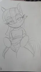 Size: 1152x2048 | Tagged: suggestive, artist:lockheart, derpibooru import, maud pie, earth pony, pony, bedroom eyes, bipedal, clothes, dress, dress lift, eye clipping through hair, female, grayscale, image, jpeg, looking at you, mare, monochrome, panties, pencil drawing, pubic fluff, smiling, smiling at you, thighs, thunder thighs, traditional art, underwear, wide hips