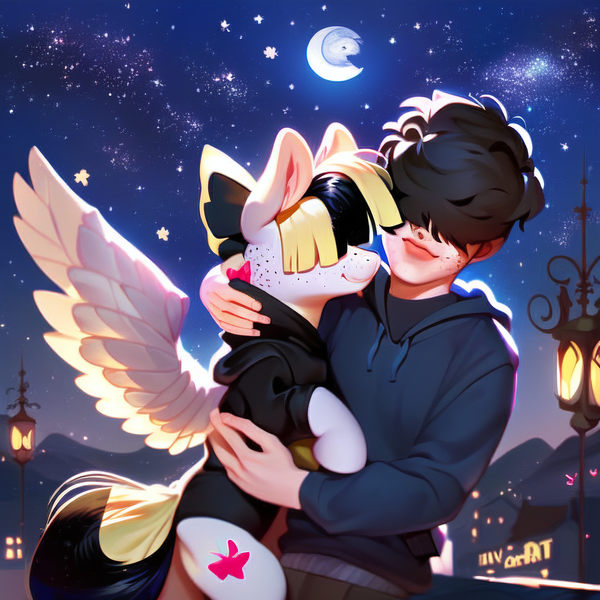 Size: 3072x3072 | Tagged: safe, derpibooru import, machine learning generated, songbird serenade, human, pegasus, pony, my little pony: the movie, ai content, black hair, clothes, cute, freckles, generator:pony diffusion v5, hair over eyes, hoodie, hug, human and pony, image, jacket, male, moon, night, png, shipping, singer, spread wings, stars, wings