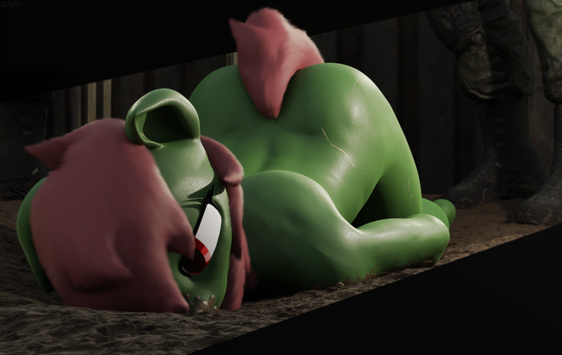 Size: 2920x1847 | Tagged: grimdark, artist:dark-fic, derpibooru import, oc, oc:scrapped, anthro, earth pony, fallout equestria, 3d, blank stare, blender, blender cycles, butt, corpse, dead, death, face down ass up, female, green coat, image, limp, mud, muddy, nudity, offscreen character, png, red eyes, scar