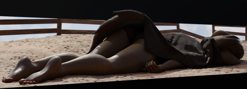 Size: 3476x1260 | Tagged: grimdark, suggestive, artist:dark-fic, derpibooru import, anthro, earth pony, 3d, blanket, blender, blender cycles, brown coat, brown mane, clothes, corpse, dead, death, denim, denim shorts, feet, female, fetish, image, limp, png, sand, shorts, thighs, under blanket