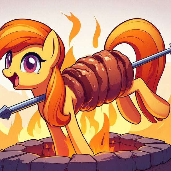 Size: 1024x1024 | Tagged: safe, ai content, derpibooru import, machine learning generated, ponified, food pony, original species, pony, cooked alive, cooking, female, fire, food, generator:dall-e 3, image, impalement, irrational exuberance, jpeg, literal spitroast, mare, pony as food, prompter:nebbie, smiling, solo