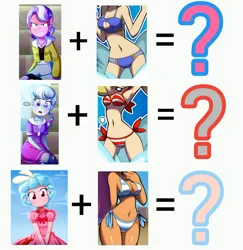 Size: 1066x1095 | Tagged: suggestive, artist:the-butch-x, cozy glow, diamond tiara, silver spoon, genie, equestria girls, bikini, blue panties, clothes, image, jpeg, shantae, side-tie bikini, striped bikini, swimsuit