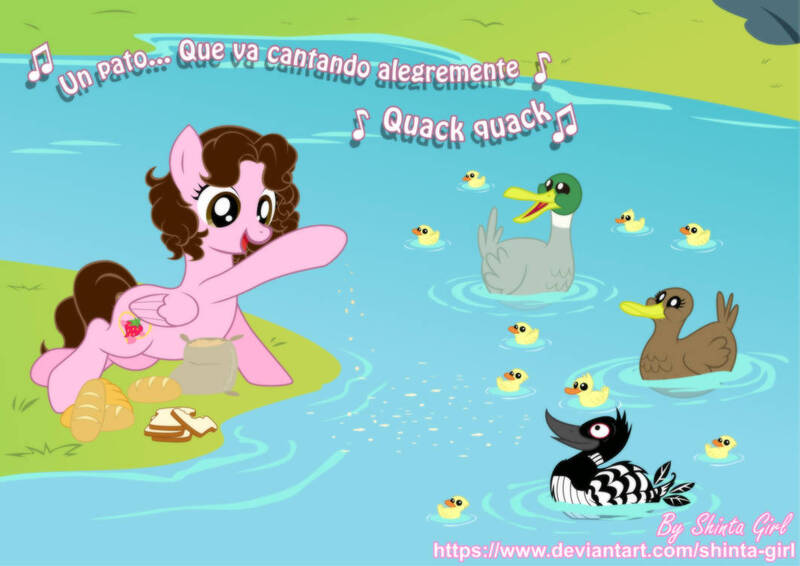 Size: 1063x752 | Tagged: safe, artist:shinta-girl, derpibooru import, oc, oc:shinta pony, bird, duck, loon, image, jpeg, lake, solo, spanish, water