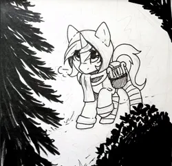 Size: 1120x1079 | Tagged: safe, artist:melodylibris, derpibooru import, lyra heartstrings, pony, unicorn, black and white, clothes, female, grayscale, hood, image, inktober, jacket, jpeg, looking up, lyre, mare, monochrome, musical instrument, scarf, simple background, solo, traditional art, white background