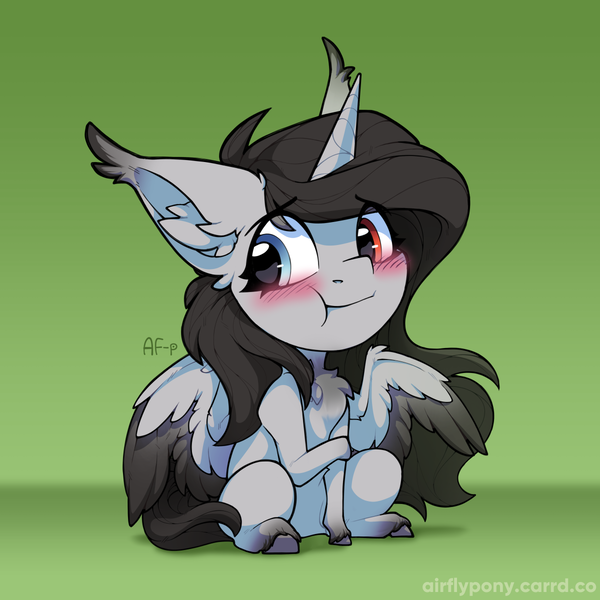 Size: 1200x1200 | Tagged: safe, artist:airfly-pony, derpibooru import, oc, oc:enigma, unofficial characters only, alicorn, blushing, chibi, commission, female, image, png, sitting, smiling, ych result