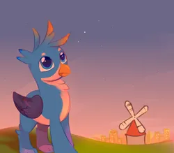 Size: 1802x1580 | Tagged: safe, derpibooru import, gallus, gryphon, city, dusk, image, male, nightfall, png, shine, stars, younger