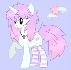 Size: 1011x994 | Tagged: safe, artist:letsloveallan, derpibooru import, oc, oc:starcloud, unofficial characters only, base used, blade, clothes, hair, image, jewelry, necklace, pastel, png, purple eyes, socks, tail, thigh socks