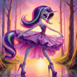 Size: 1024x1024 | Tagged: safe, derpibooru import, machine learning generated, starlight glimmer, anthro, unicorn, ai content, breasts, clothes, dress, eyeshadow, female, generator:dall-e 3, high heels, image, jpeg, lidded eyes, looking down, makeup, pond, shoes, skirt, solo, stiletto heels, swamp, tree, water