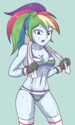 Size: 1669x2775 | Tagged: suggestive, artist:sumin6301, derpibooru import, rainbow dash, human, equestria girls, alternate hairstyle, breasts, busty rainbow dash, cleavage, clothes, gloves, image, jpeg, open mouth, sweat, sweatdrops, towel