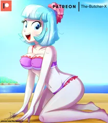 Size: 920x1040 | Tagged: suggestive, artist:the-butch-x, coco pommel, equestria girls, adorasexy, beach, belly button, bicolor swimsuit, big grin, bikini, clothes, cocobetes, cute, erect nipples, grin, image, lace underwear, looking at you, nipple outline, open mouth, png, sand, sexy, sky, smiling, smiling at you, swimsuit, two-piece swimsuit, water