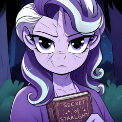 Size: 750x750 | Tagged: artist needed, source needed, safe, derpibooru import, starlight glimmer, anthro, unicorn, age progression, background trees, book, elderly, female, female focus, focus, forest, g4, grey hair, high res, holding, holding book, horn, image, looking at you, older, older starlight glimmer, png, secrets of starlight, simple background, solo focus, text, tree, unicorn horn, white hair, wrinkles