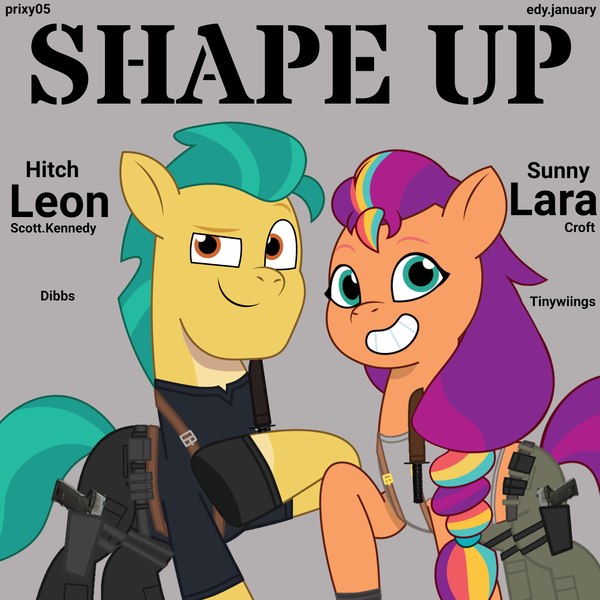 Size: 1280x1280 | Tagged: safe, artist:edy_january, artist:prixy05, derpibooru import, edit, editor:edy_january, hitch trailblazer, sunny starscout, earth pony, pony, g5, my little pony: tell your tale, album, album cover, album parody, anget, belt, black shirt, call of duty, call of duty: warzone, clothes, combat knife, dibbs, duo, equipment, female, gloves, gun, handgun, image, knife, lara croft, leon s. kennedy, leon scott kennedy, male, music, pistol, png, rapper, rappers, resident evil, resident evil 4, resident evil 4 remake, shape up (songs), shipping, shirt, simple background, singing, song, song reference, straight, sunnyhitch, tactical, tanktop, tinywiings, tomb raider, usp, vector used, weapon